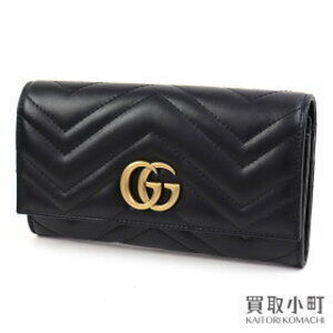 Gucci GG Marmont Wallet Black Calfskin Chevron Quilted Metal Flap Double